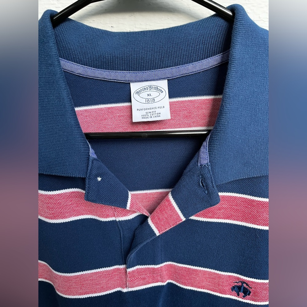 Brooks Brothers Men’s Polo Shirt Large Blue and Pink Striped  Preppy Top